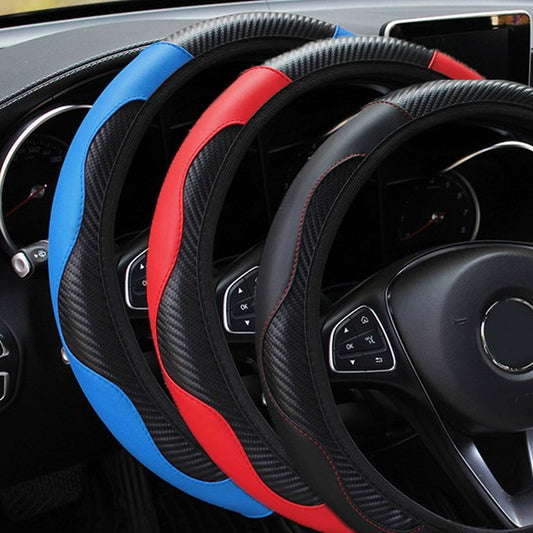 Carbon-effect steering wheel cover in black, red and blue