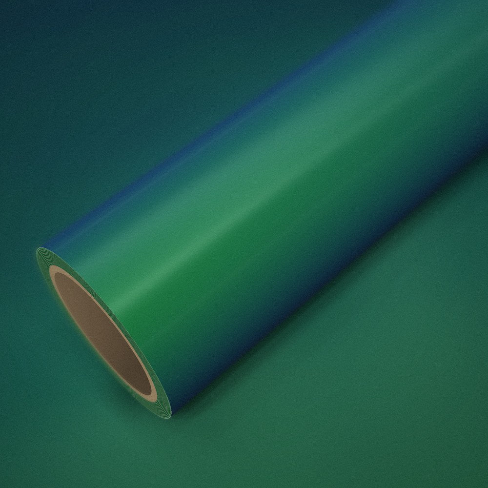 Roll of magic green (colour flip) vinyl wrap on a sheet of the same vinyl