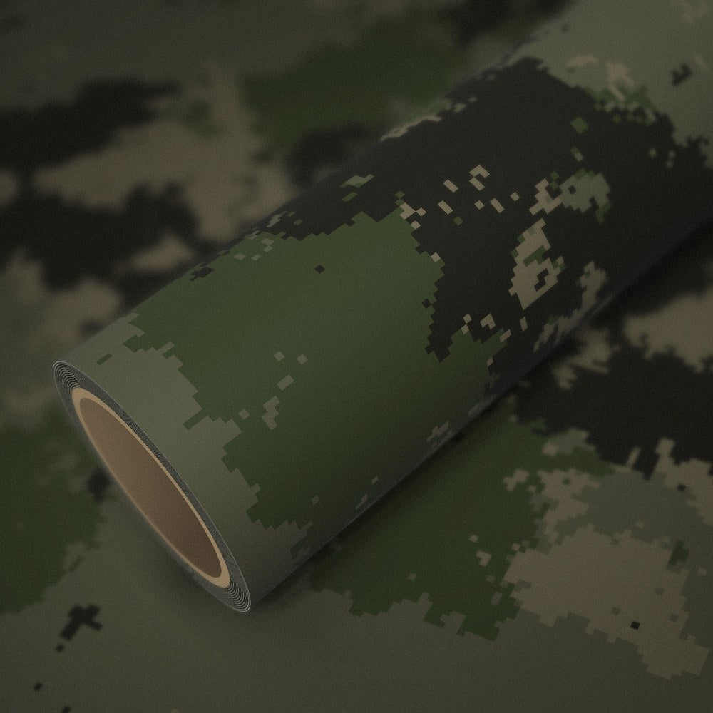 Roll of pixel camo vinyl wrap on a sheet of the same vinyl