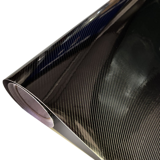 Roll of Premium 5D gloss black carbon fibre vinyl with a high-gloss finish